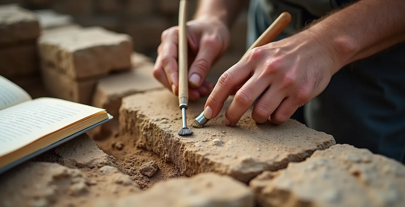 Archäologe mit Pinsel und Dokumentationsmappe arbeitet an einer freigeleglegten römischen Mauer