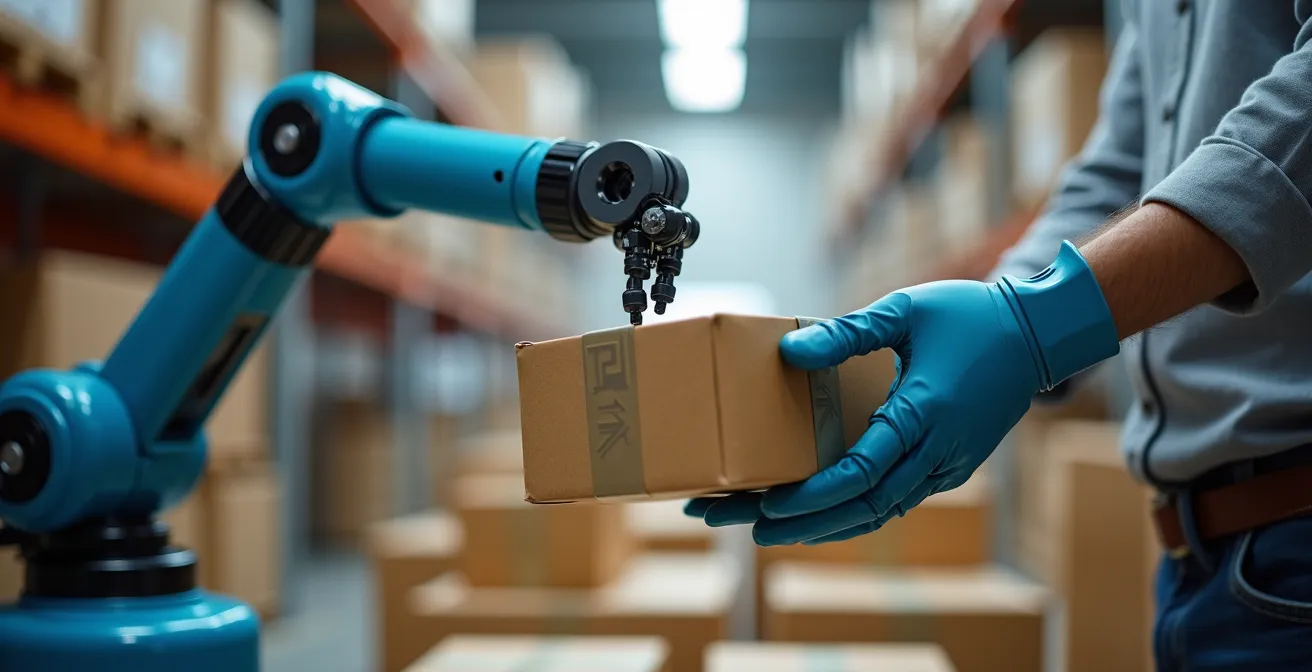 Nahaufnahme von Roboterarm und menschlicher Hand bei der Übergabe eines Pakets