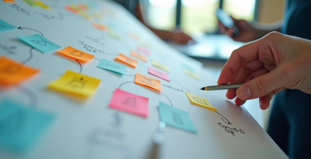 Detailaufnahme einer Customer Journey Map mit Post-its und Verbindungslinien