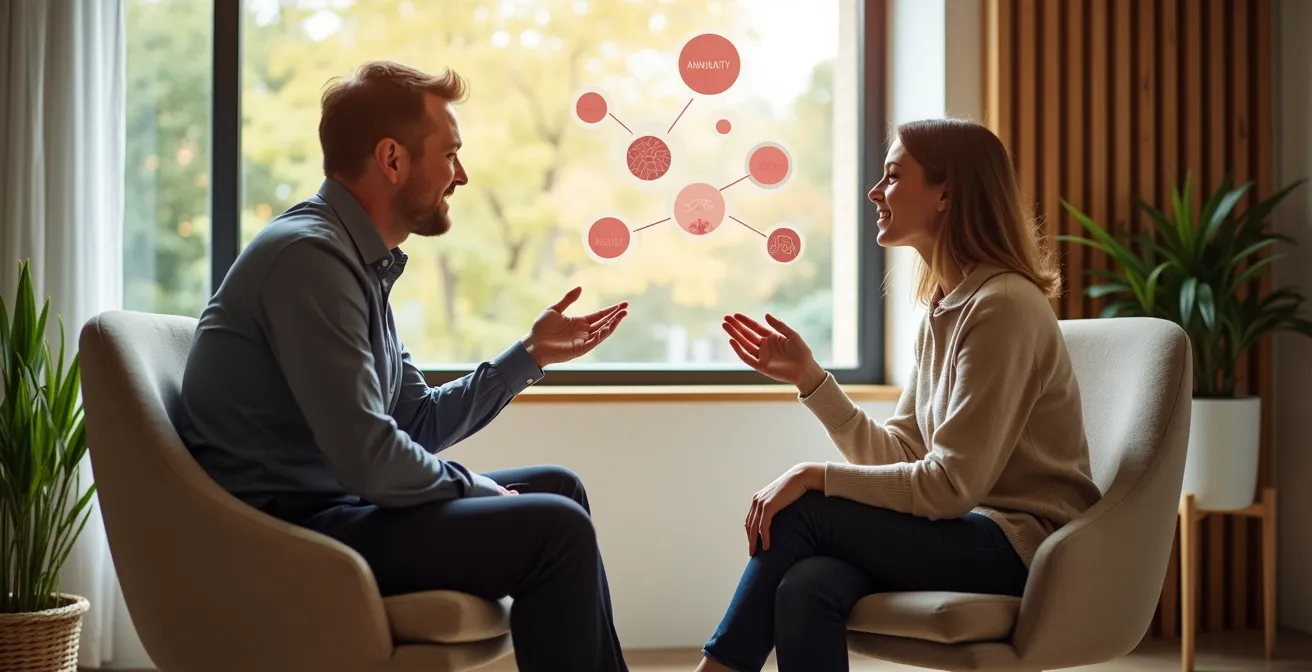 Zwei Menschen im Gespräch umgeben von vernetzten Symbolen verschiedener Lebensbereiche