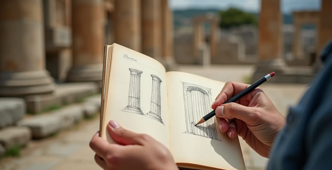 Hände zeichnen architektonische Details einer antiken Säule in ein Skizzenbuch