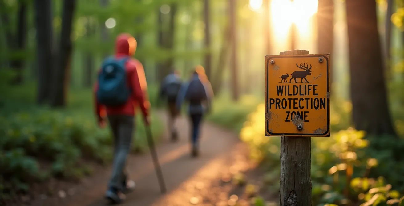 Hinweisschild für eine Wildruhezone mit Wanderern, die auf dem Weg respektvollen Abstand halten