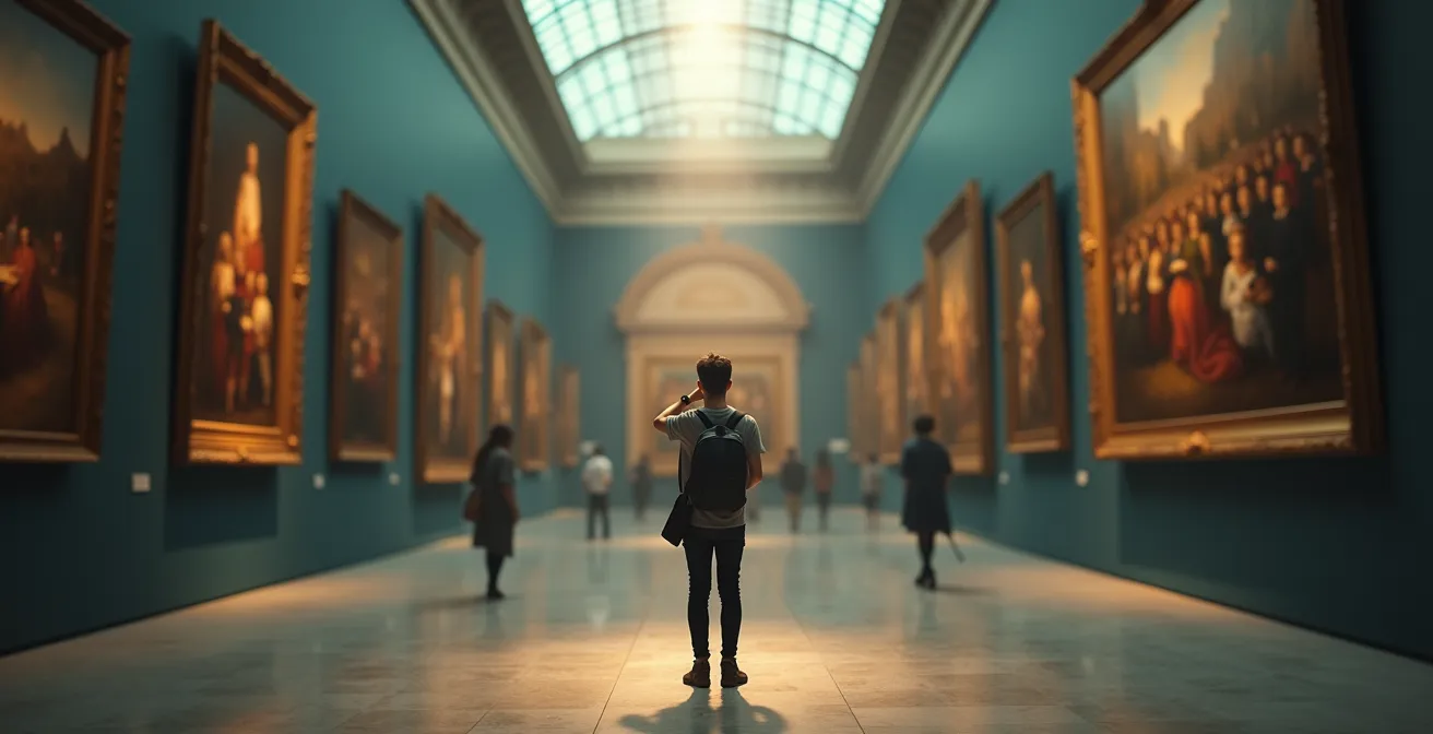 Besucher in überfülltem Museum zeigt Anzeichen von Überforderung