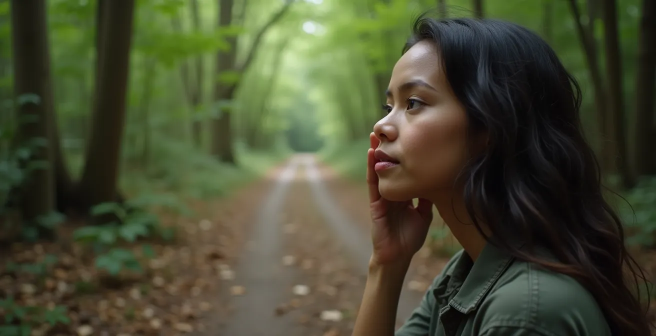 Eine Person steht an einer Weggabelung im Wald und symbolisiert die Entscheidung zwischen einem ausgetretenen, automatischen Pfad und einem bewussten, weniger begangenen Weg.