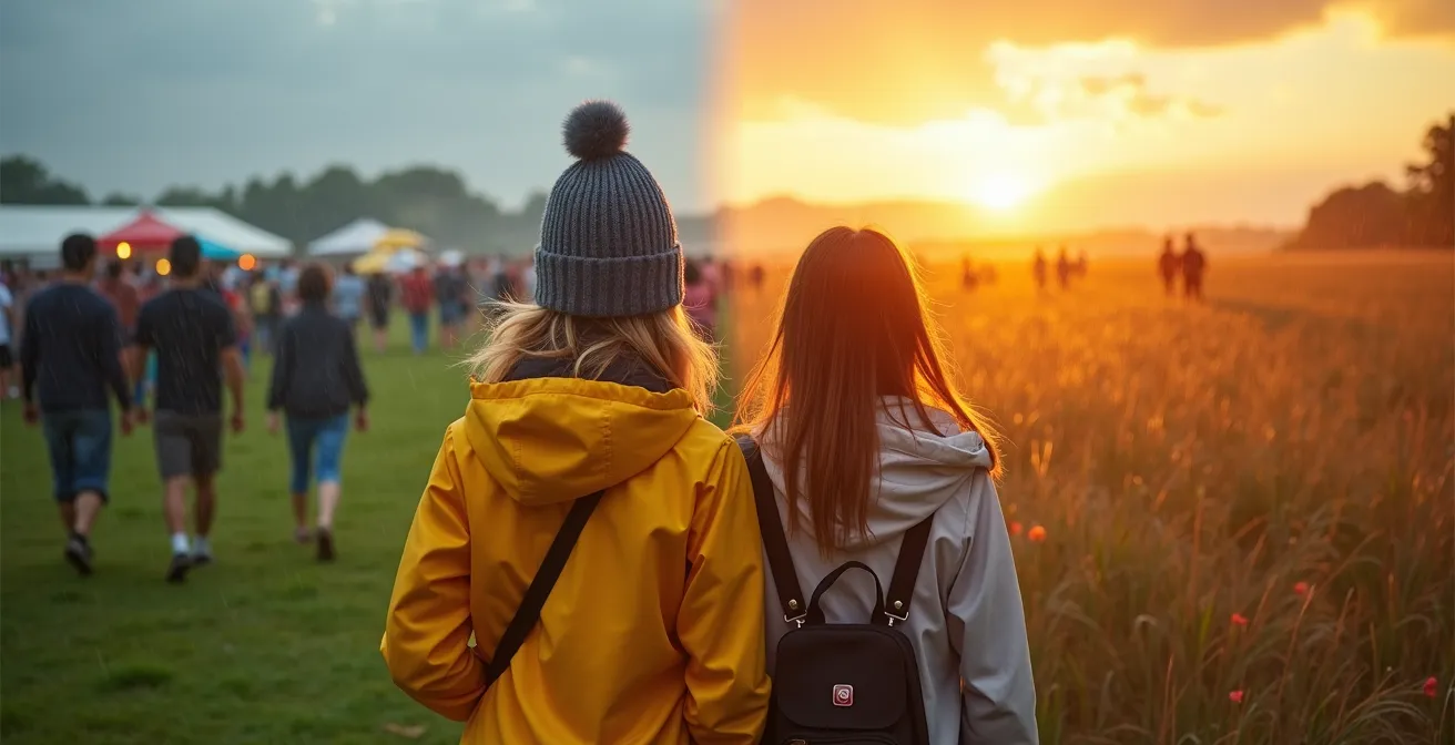 Geteilte Landschaftsaufnahme zeigt Festival im Frühling und Herbst