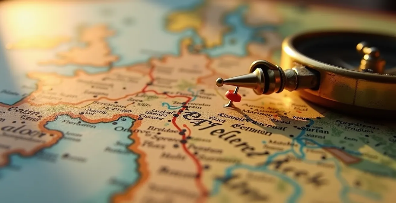 Makroaufnahme einer historischen Landkarte mit markierter deutscher Kulturroute