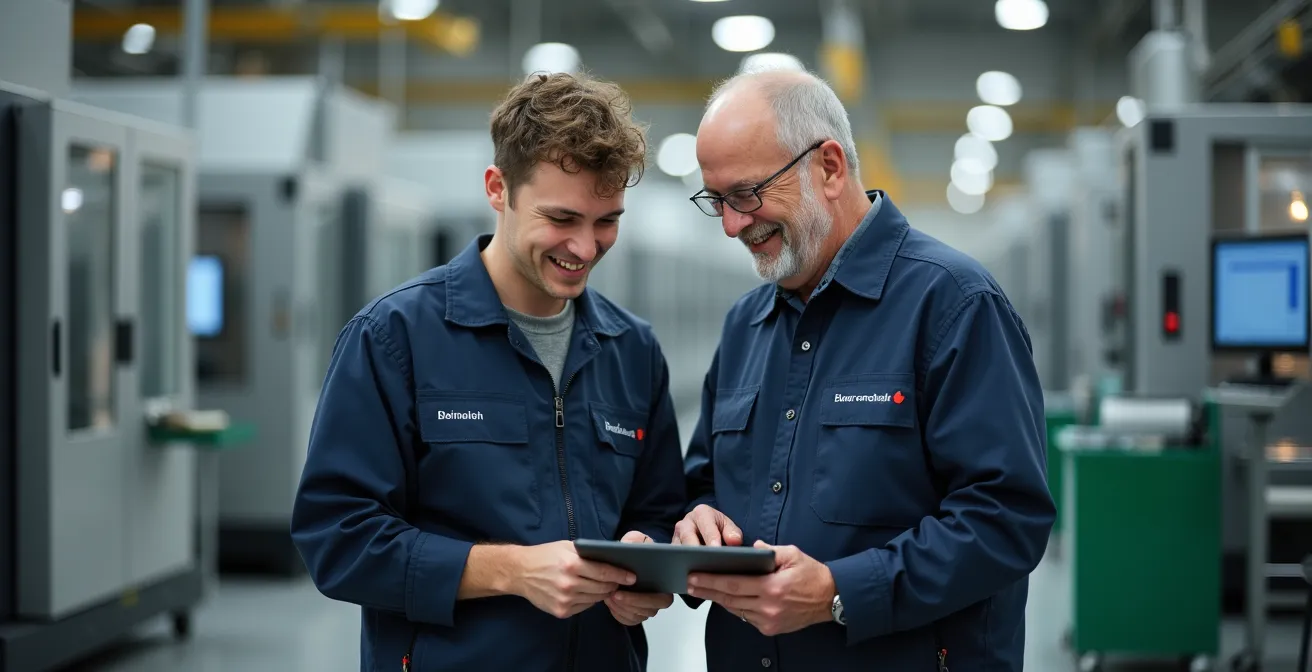 Jung und Alt arbeiten gemeinsam an digitalem Tablet in deutscher Produktionshalle