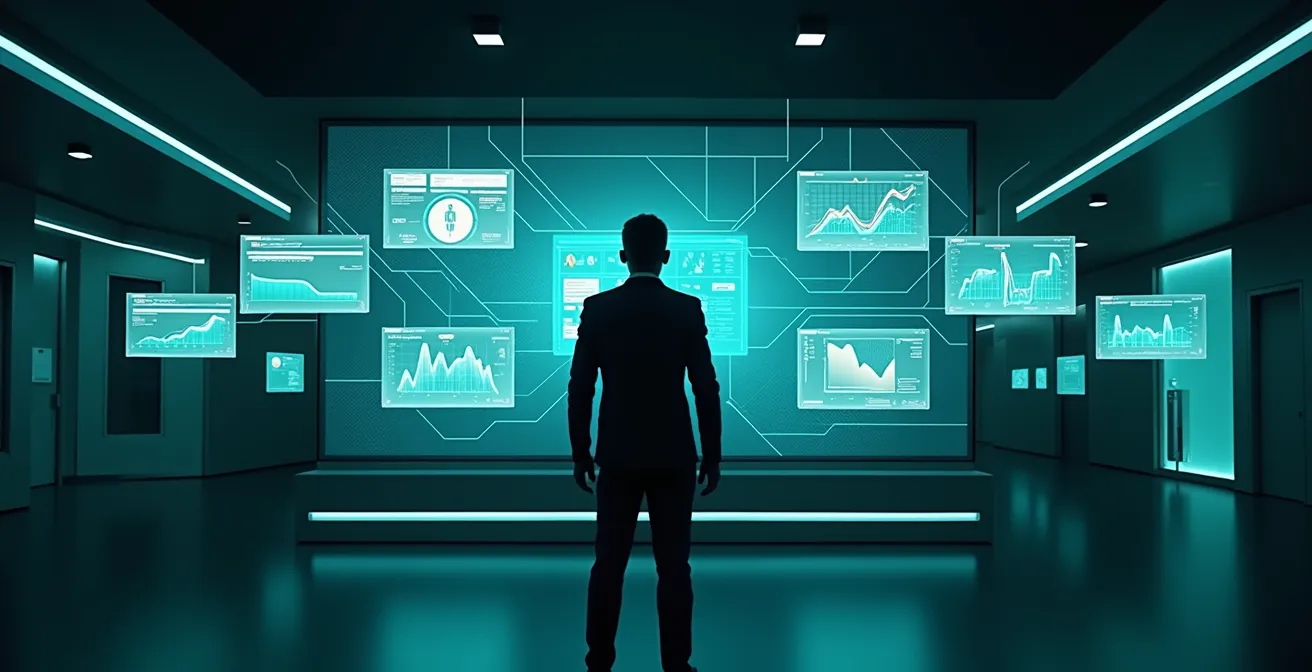 Futuristisches Kontrollzentrum mit mehreren Bildschirmen zeigt Echtzeit-Compliance-Daten und Gesetzesänderungen