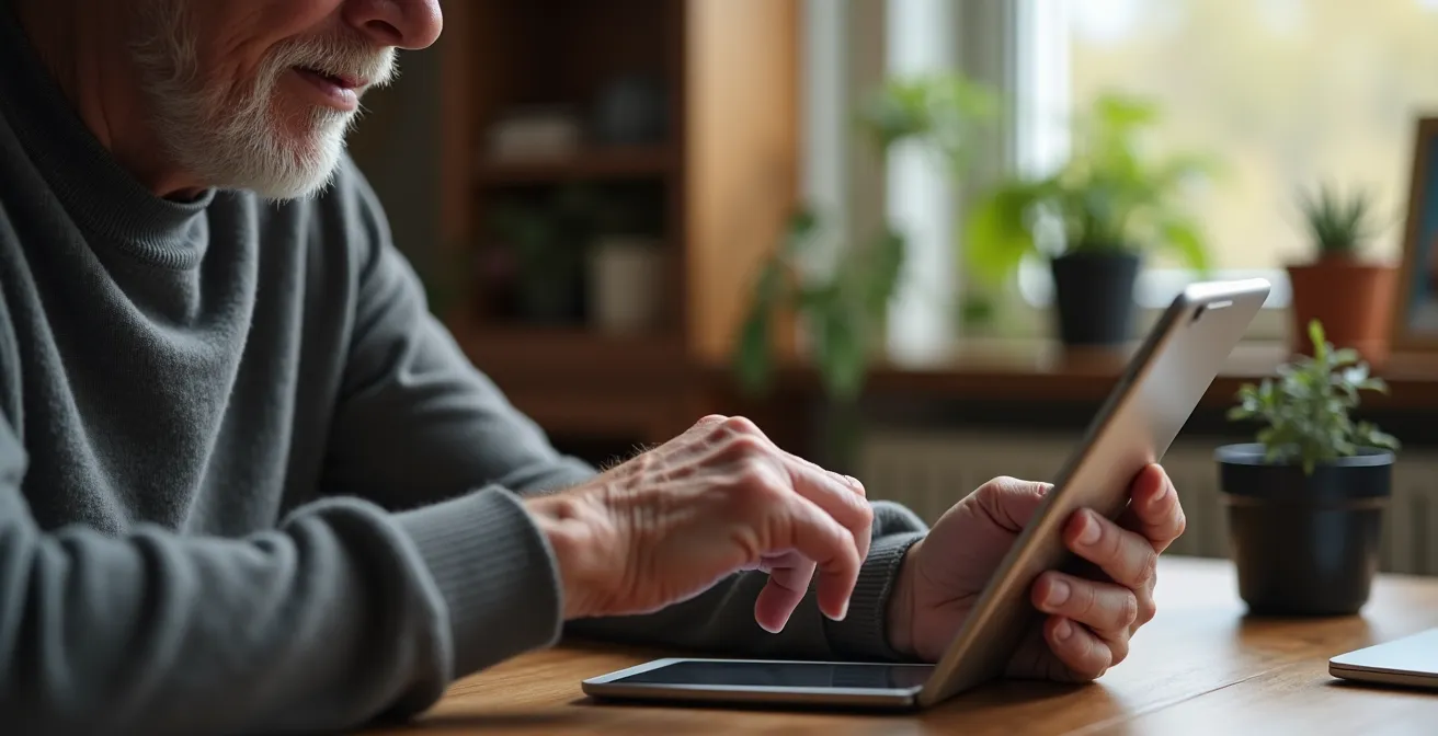 Ältere Person übt konzentriert mit einem Tablet in ruhiger Lernumgebung