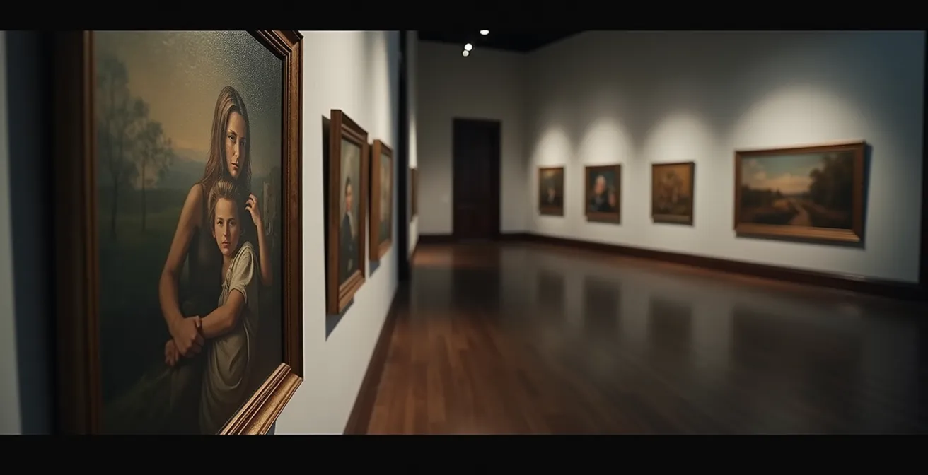 Abstrakte Visualisierung der Ebbinghaus-Vergessenskurve mit verschwimmenden Kunstwerken