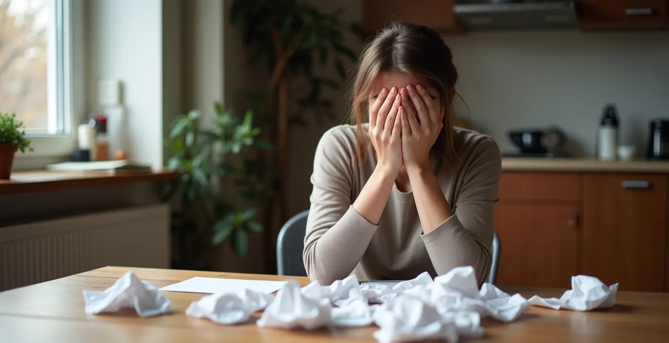 Metaphorische Darstellung einer Person in einem deutschen Wohnambiente, die emotional über schwierigen Entscheidungen brütet.
