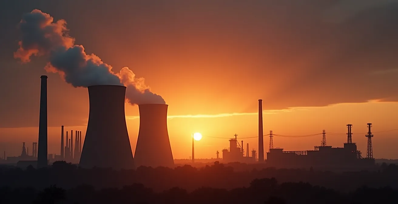 Industrieanlage in der Abenddämmerung mit dramatischer Beleuchtung