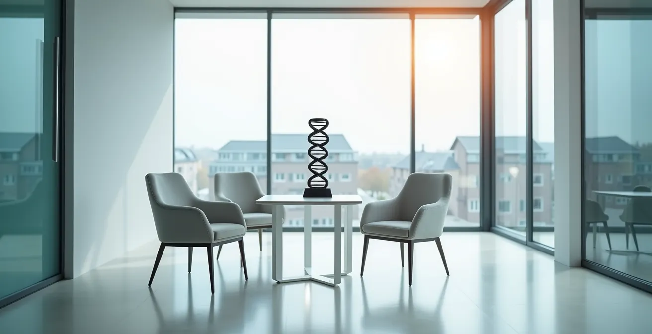 Ein leerer, moderner Beratungsraum, der die Atmosphäre einer wichtigen Entscheidung über genetische Diagnostik symbolisiert.
