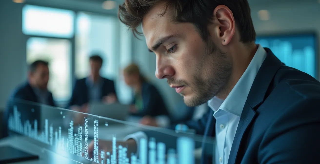 Team von Auditoren analysiert Compliance-Dokumente in modernem Konferenzraum mit abstrakten Datenvisualisierungen