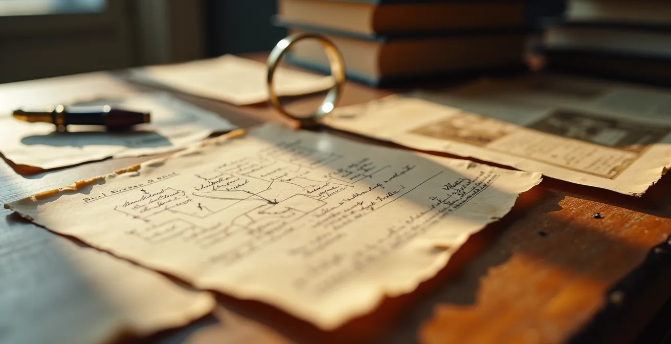 Historische Dokumente und alte Fotografien auf einem Archivtisch ausgebreitet