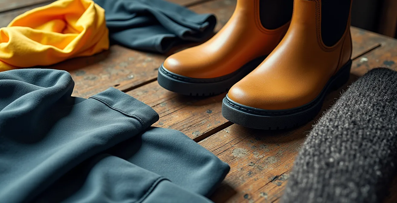 Übersichtlich arrangierte Festival-Ausrüstung auf Holzboden mit Gummistiefeln, Regenjacke und Rucksack