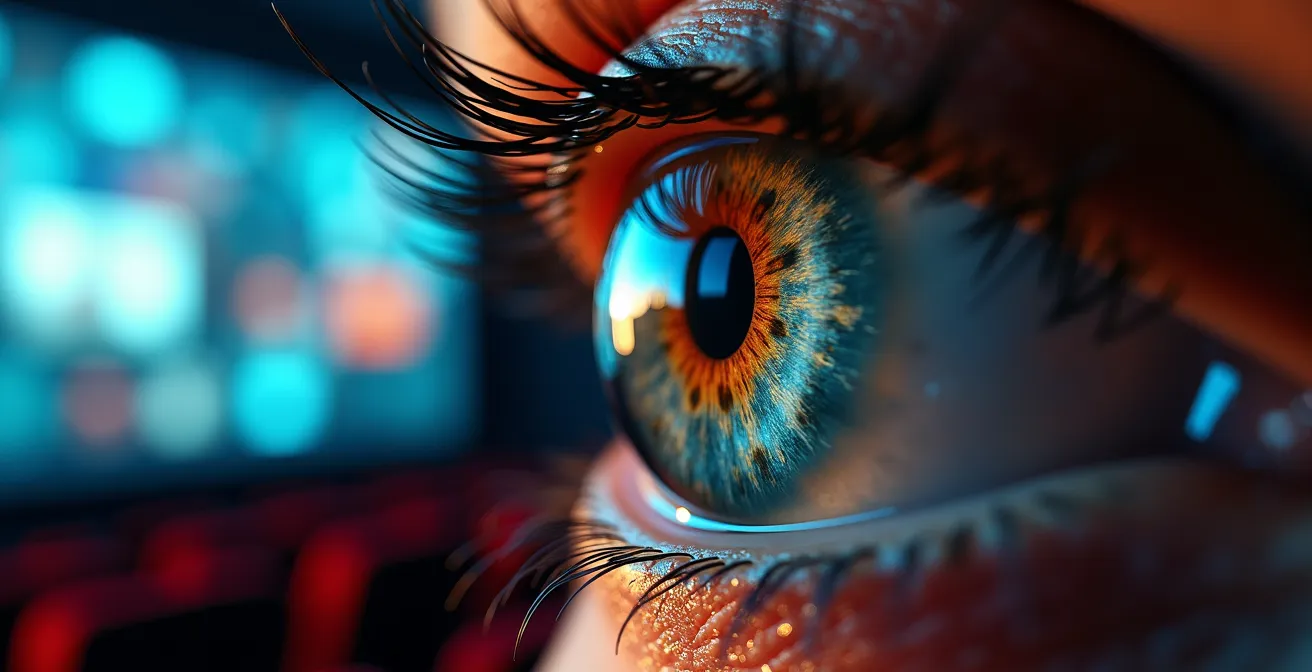 Nahaufnahme eines Auges, das Filmszenen reflektiert, mit verschwommenem Kinosaal im Hintergrund