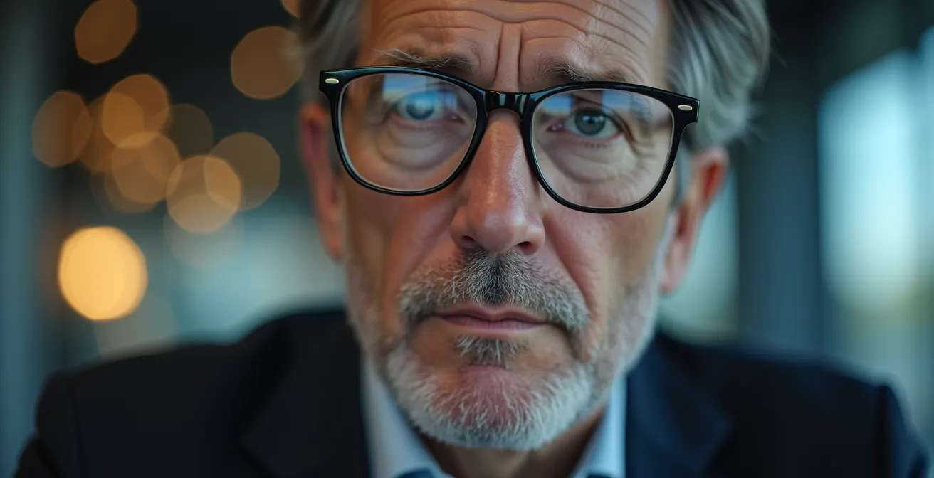 Vier leuchtende Warnlichter in einem modernen Bürokontext symbolisieren kritische Transformationssignale