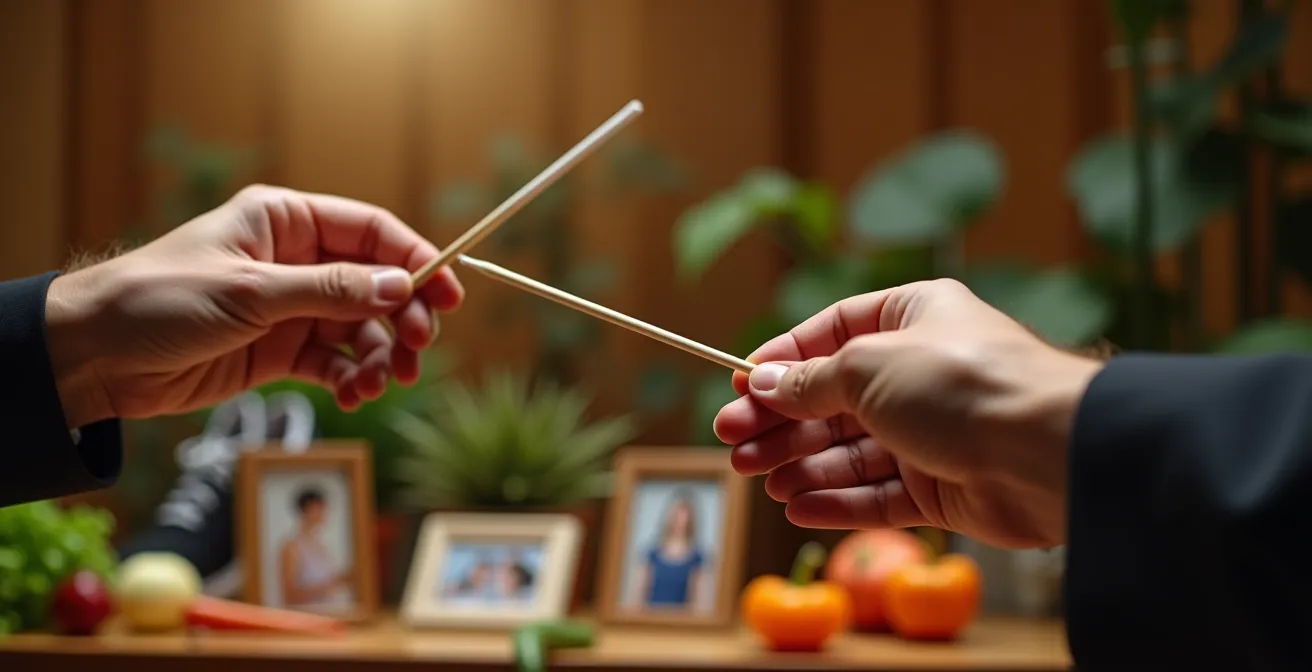 Dirigent vor einem Orchester aus verschiedenen Lebensbereichen in harmonischer Bewegung