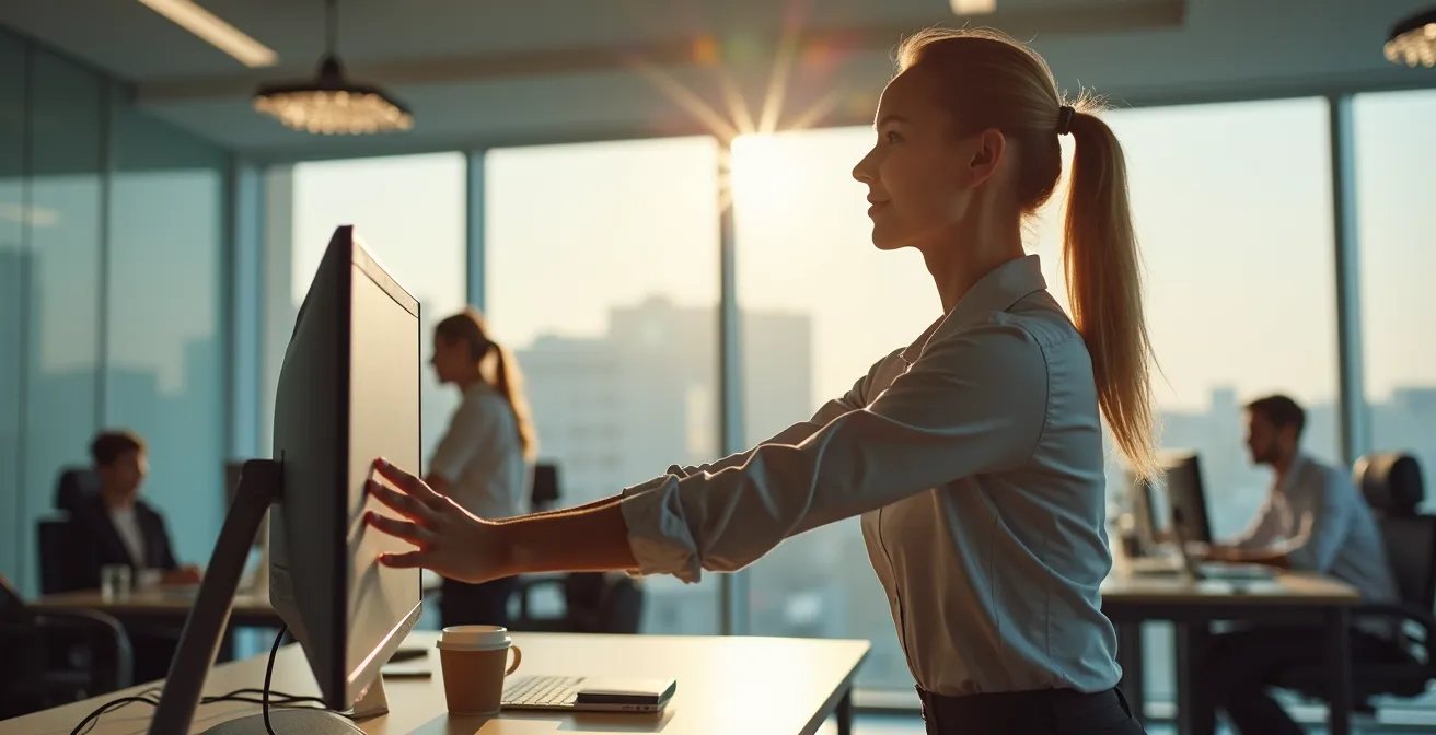 Integration von Bewegungsgewohnheiten in den deutschen Büroalltag durch einen Mitarbeiter, der am Stehschreibtisch eine Dehnübung macht.