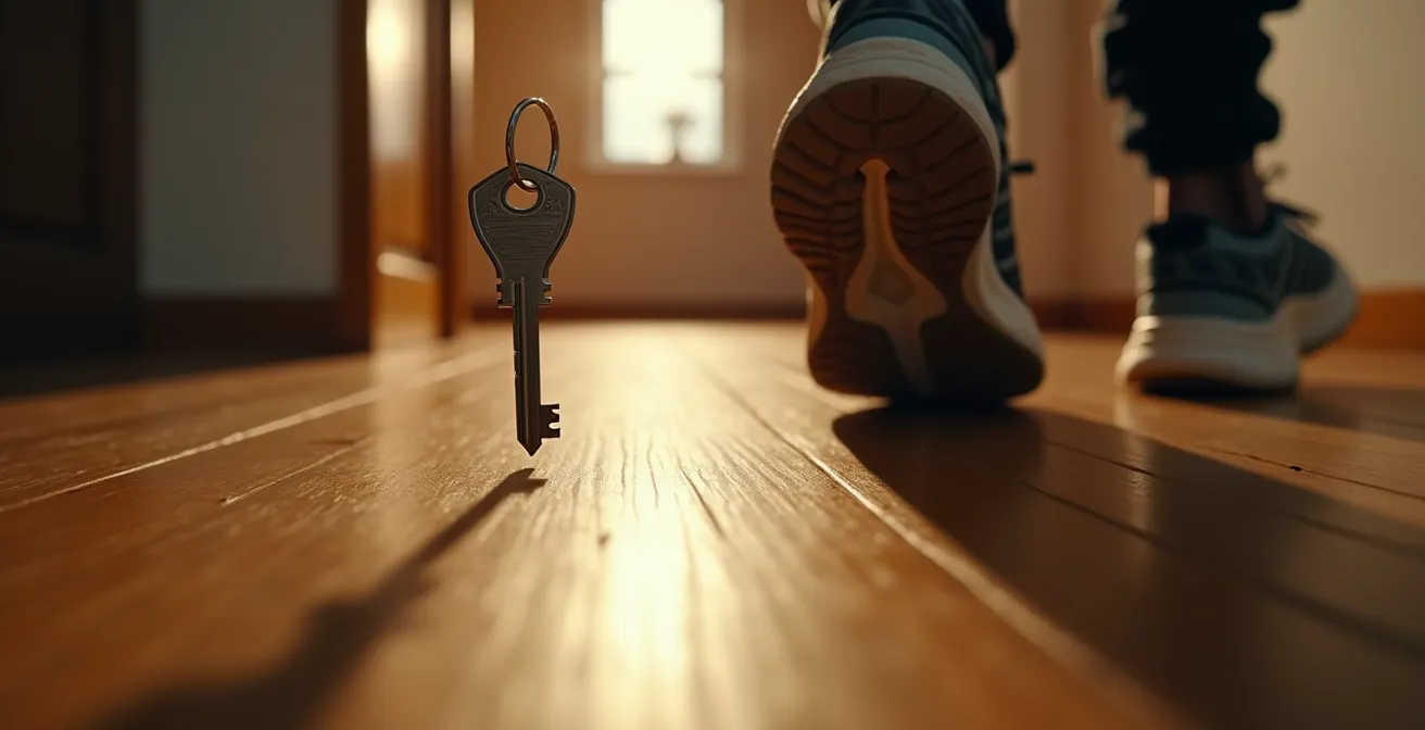 Nahaufnahme von Laufschuhen neben einer Wohnungstür, eine Person hält einen Schlüssel in der Hand.