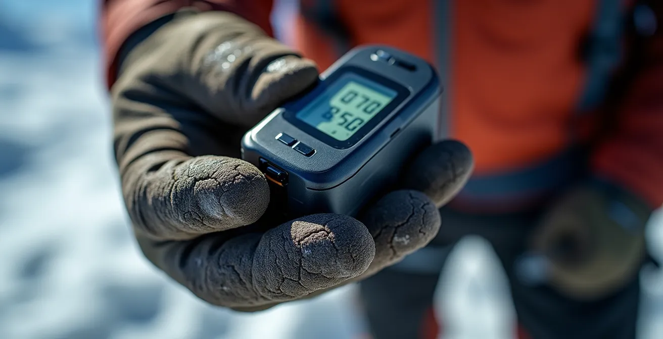 Bergsteiger misst Sauerstoffsättigung mit Pulsoximeter in großer Höhe