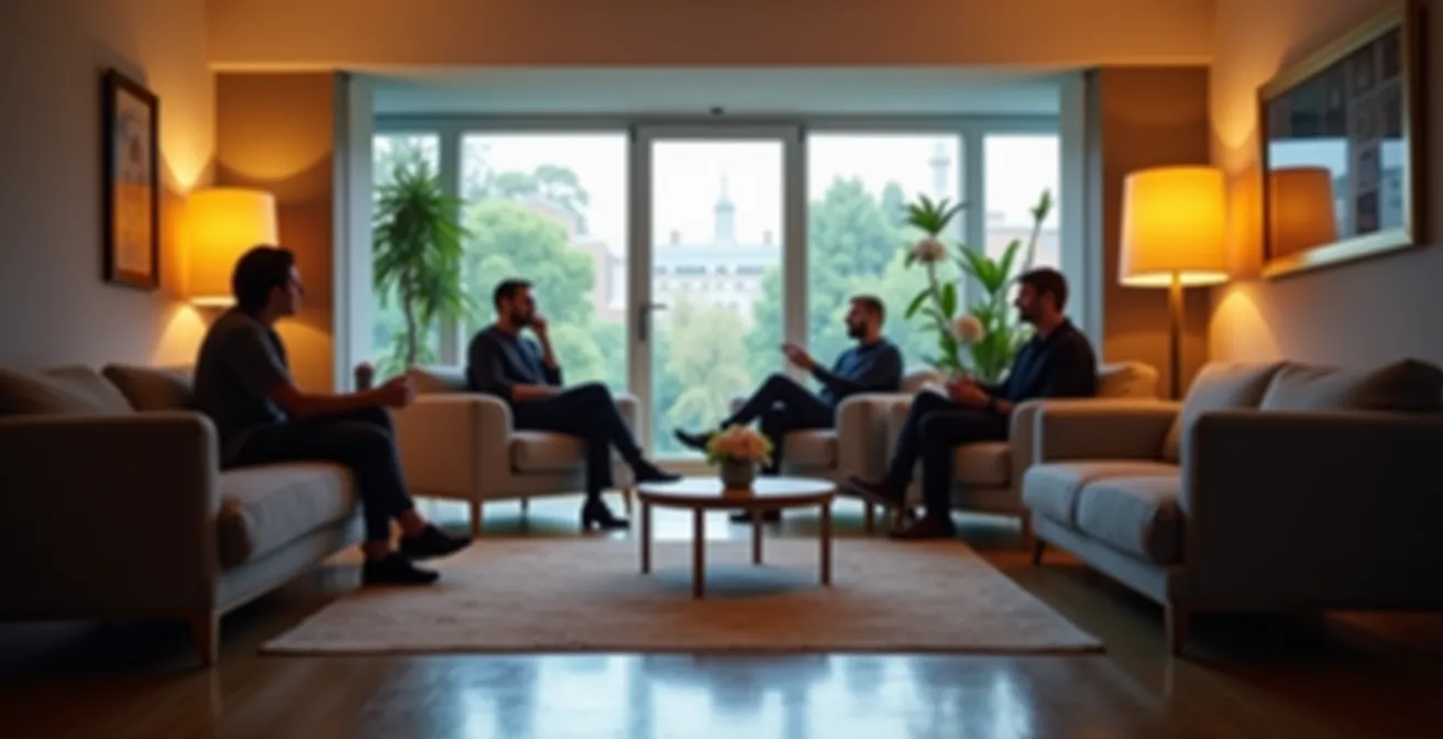 Ruhige Networking-Lounge mit kleinen Gesprächsgruppen in entspannter Atmosphäre