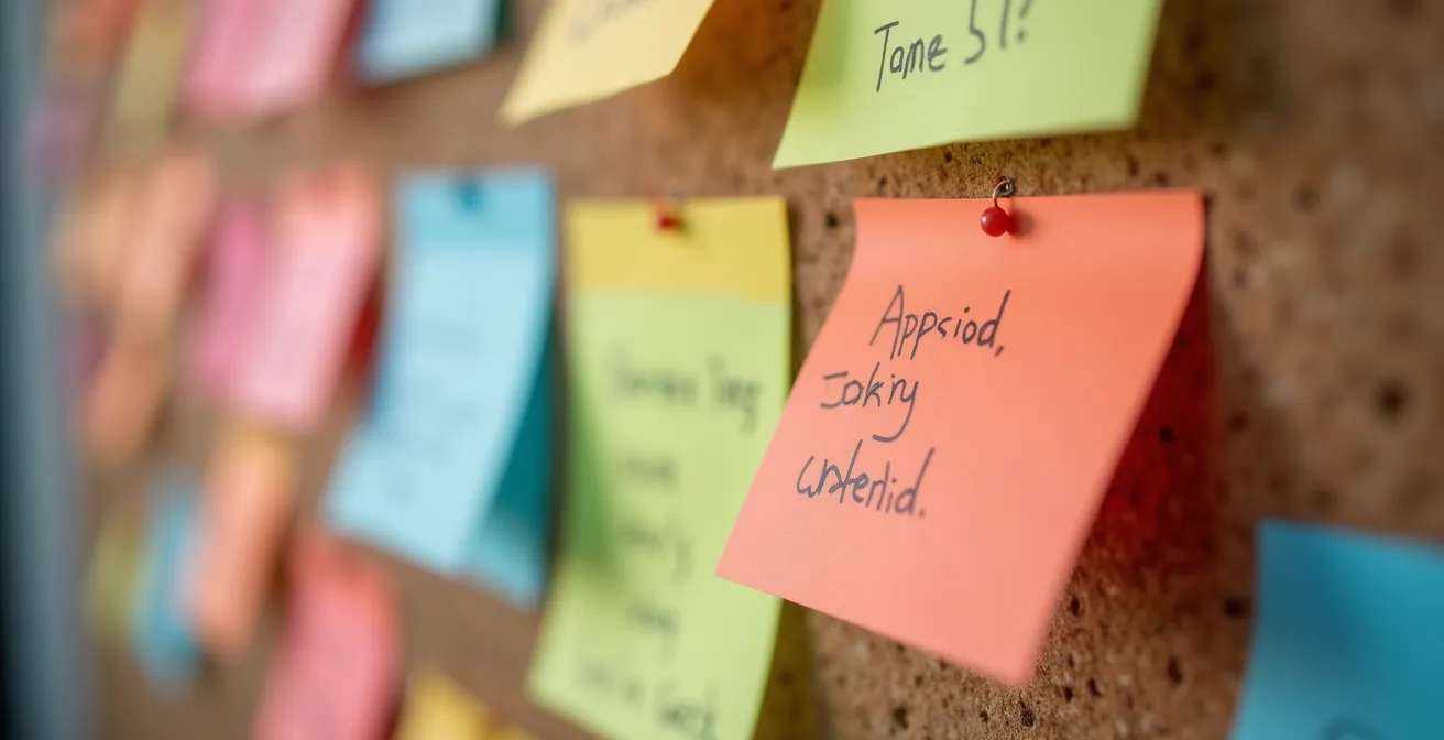 Nahaufnahme eines persönlichen Kanban-Boards mit bunten Haftnotizen in drei Spalten