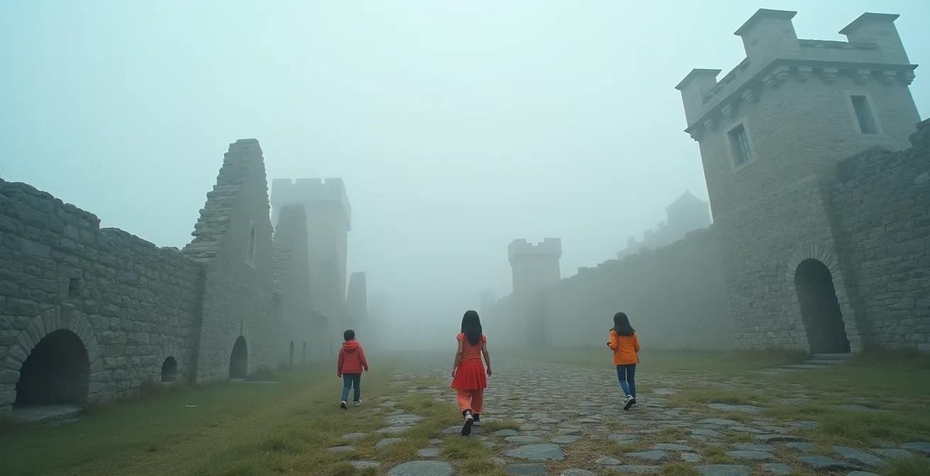 Kinder erkunden spielerisch eine mittelalterliche Burganlage