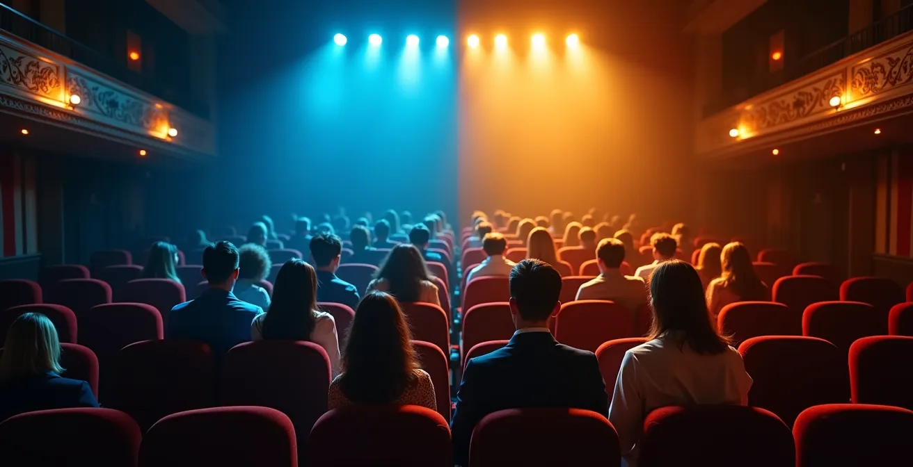Geteilter Theatersaal mit kontrastierenden Publikumsgruppen in verschiedenen Lichtzonen