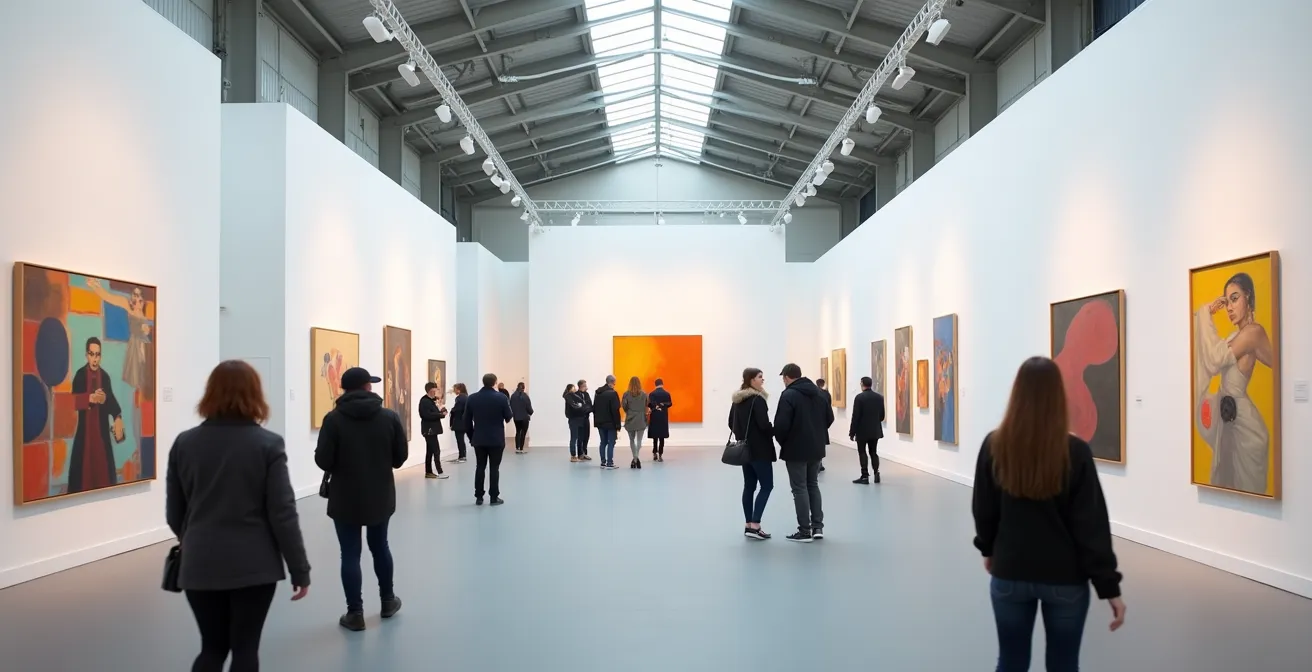 Besucher entdecken aufstrebende Künstler auf einer deutschen Kunstmesse