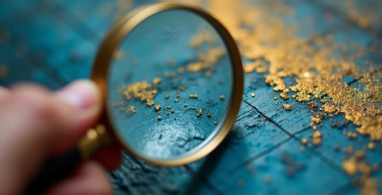 Nahaufnahme von Händen, die mit einer Lupe die Pinselstriche auf einem Ölgemälde untersuchen