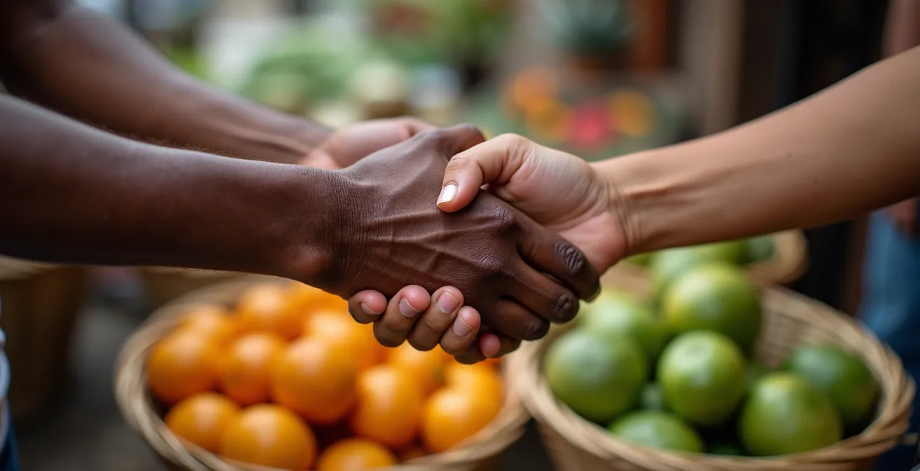 Reisender beim wiederholten Einkauf auf lokalem Wochenmarkt, vertraute Interaktion mit Händlern