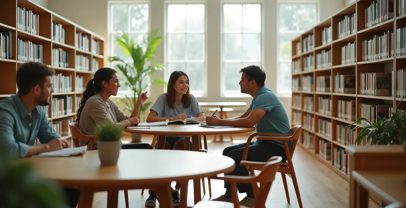 Reisende und Einheimische in entspannter Atmosphäre einer Gemeinschaftsbibliothek beim kulturellen Austausch