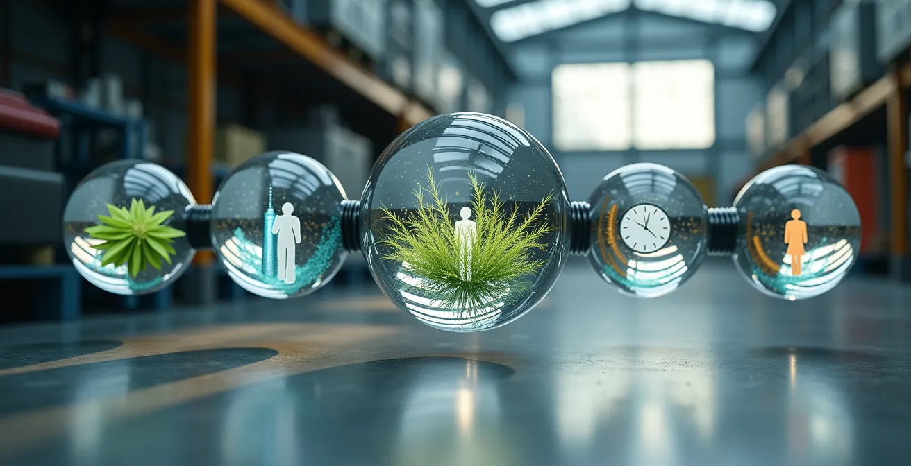 Abstrakte Visualisierung der fünf Megatrends als ineinandergreifende Zahnräder in einem deutschen Industriekontext