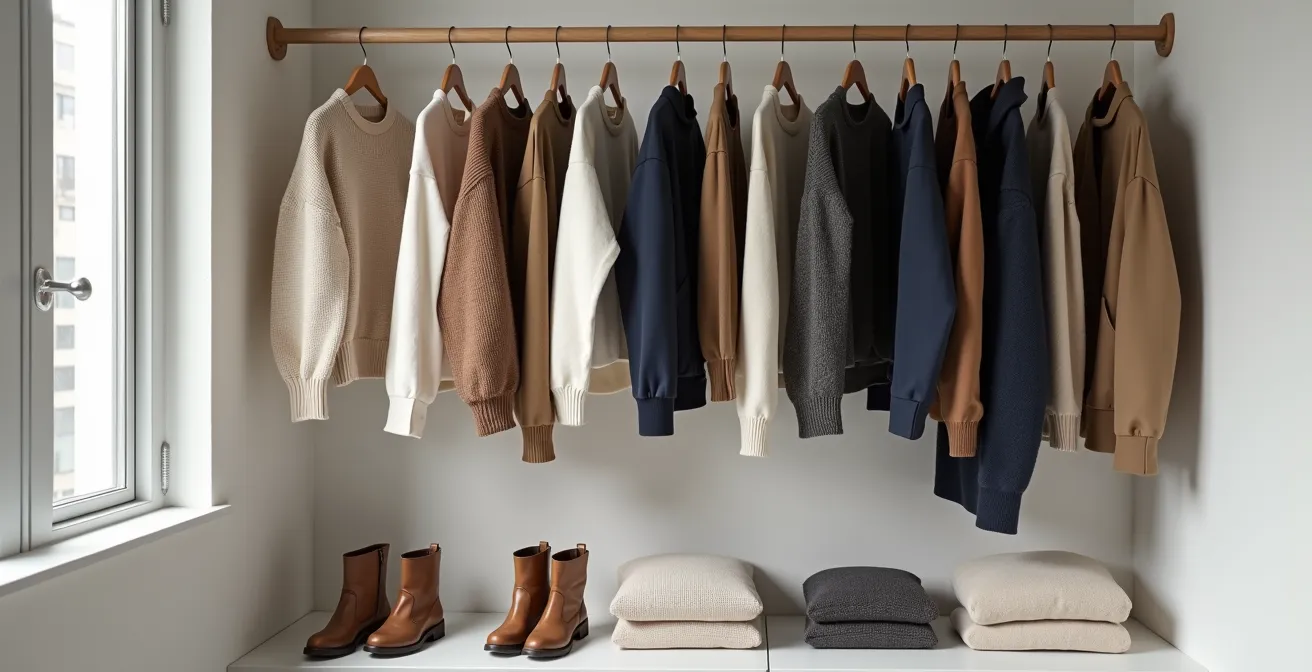 Offener Kleiderschrank mit präzise organisierten 33 Kleidungsstücken in neutralen Tönen