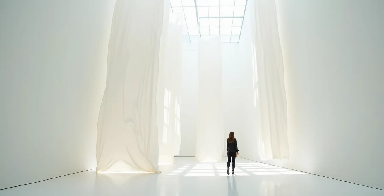 Besucherin erkundet interaktive Installation in einem weiten, lichtdurchfluteten Museumsraum