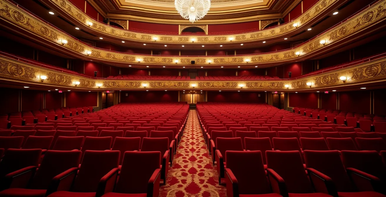 Architektonische Querschnittszeichnung eines historischen deutschen Opernhauses mit Akustikvisualisierung