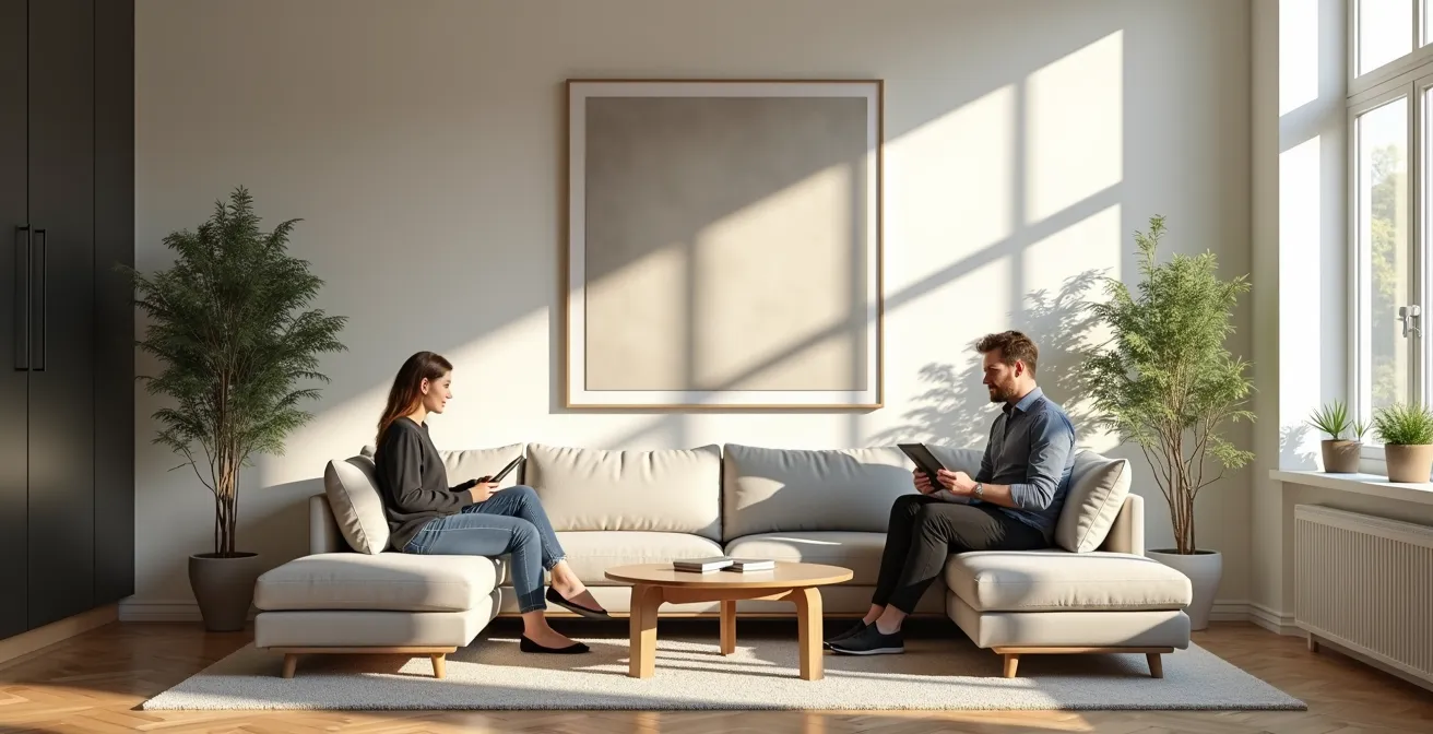 Paar arbeitet gemeinsam an visualisierten Wachstumszielen in einem modernen deutschen Wohnzimmer.