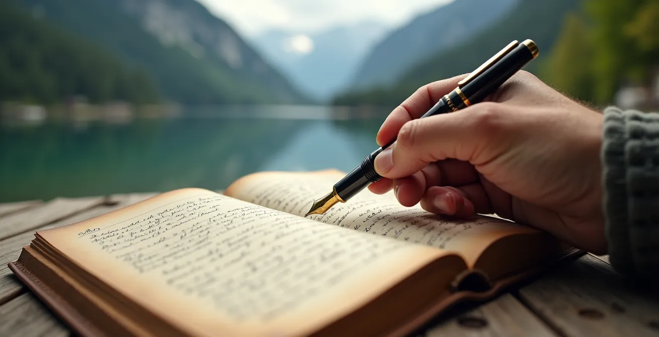 Nahaufnahme einer Hand die in ein Tagebuch schreibt mit verschwommenem Bergsee im Hintergrund