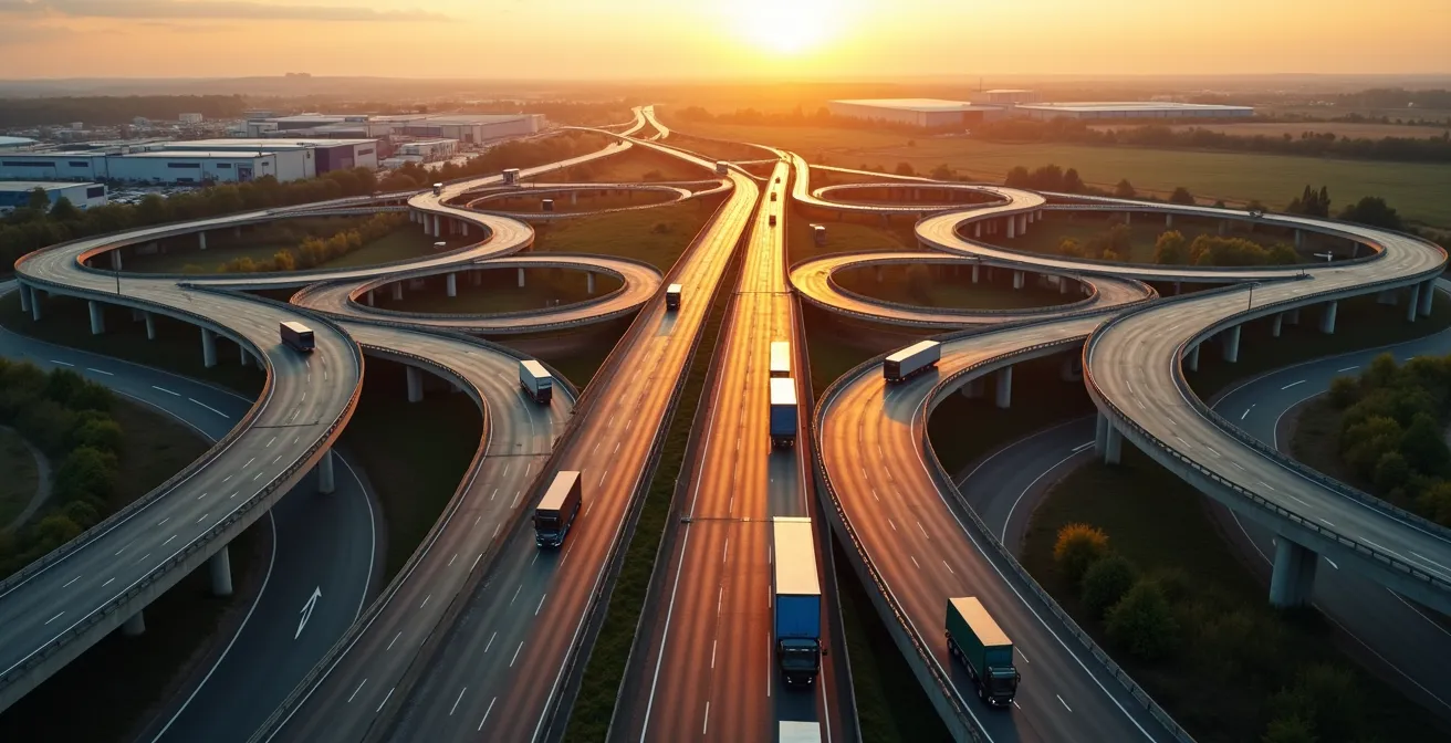 Vogelperspektive auf optimierte Transportrouten durch deutsche Autobahnen