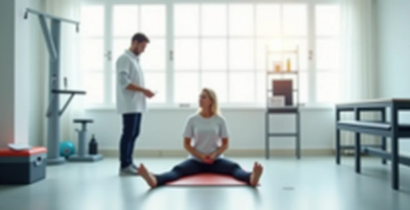 Weitwinkelaufnahme einer Physiotherapie-Praxis mit einem Therapeuten, der die Bewegungsanalyse eines Patienten auf einer Matte beobachtet.