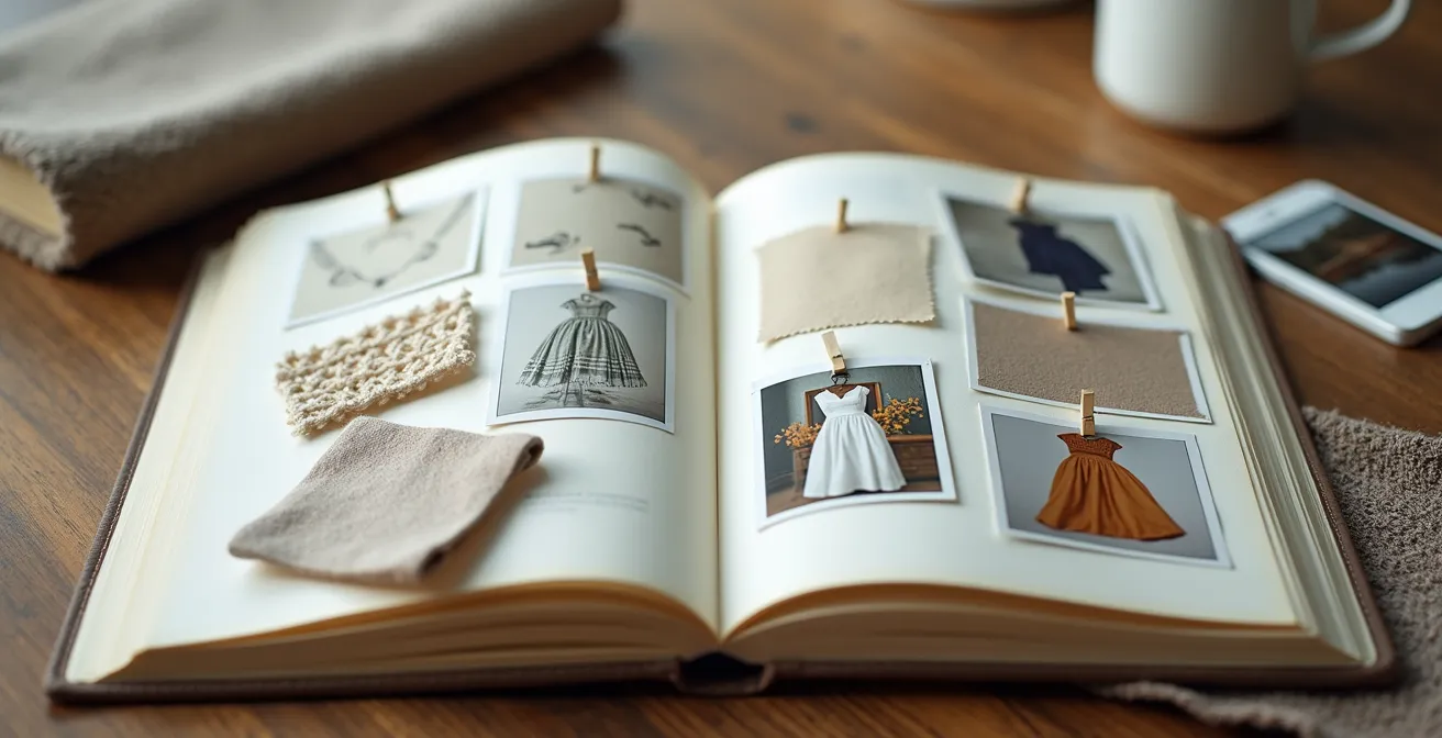 Nahaufnahme eines aufgeschlagenen Stil-Tagebuchs mit Stoffmustern und Polaroid-Fotos