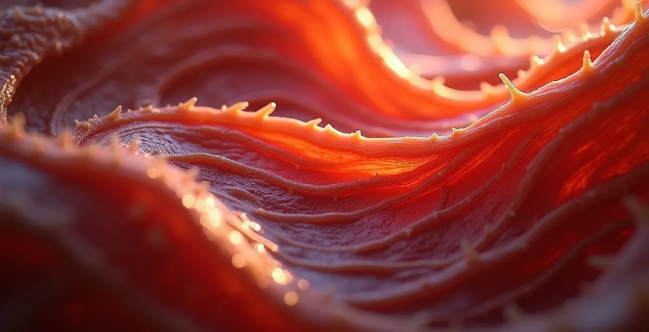 Abstrakte Makroaufnahme von angespannten Muskelfasern, die die körperliche Auswirkung von Stress symbolisieren.