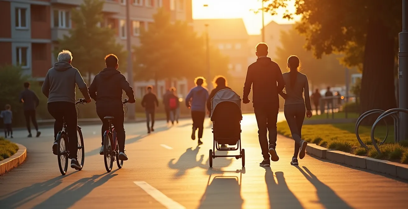Menschen verschiedenen Alters nutzen die städtische Infrastruktur für Bewegung wie Radwege und Parkanlagen bei Abenddämmerung.
