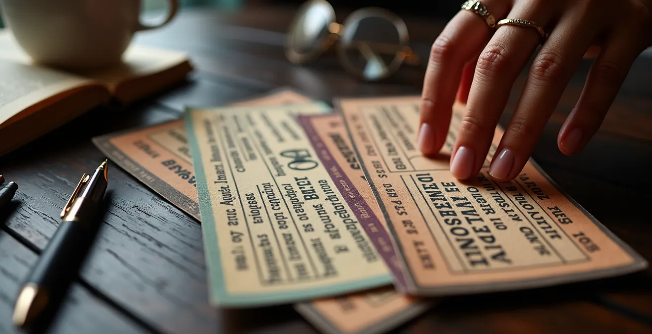 Ausgebreitete Theaterkarten und Spielplanhefte auf einem Holztisch mit markierten Terminen