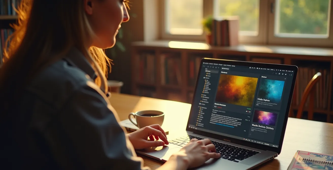 Person von hinten beim Betrachten eines Theatertrailers auf einem Laptop in gemütlicher Umgebung