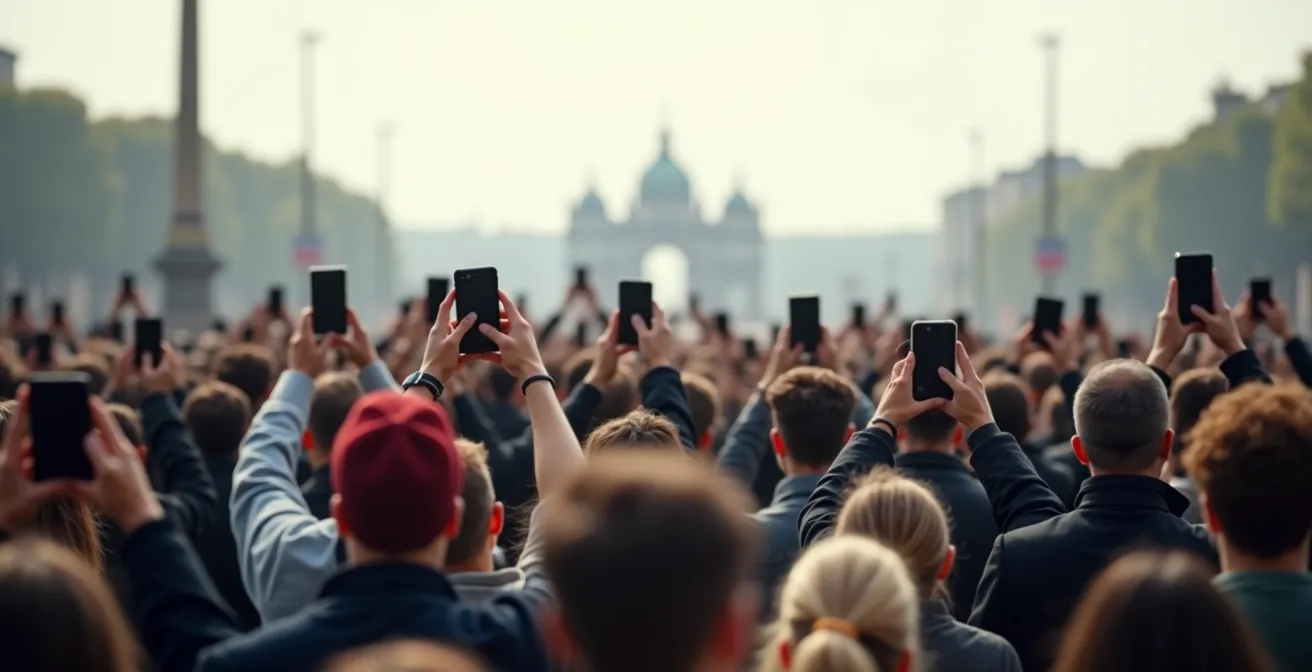 Touristengruppe von hinten fotografiert vor verschwommener Sehenswürdigkeit