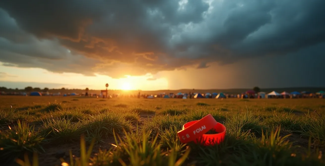 Dramatische Gewitterwolken über einem Festival-Gelände bei Sonnenuntergang