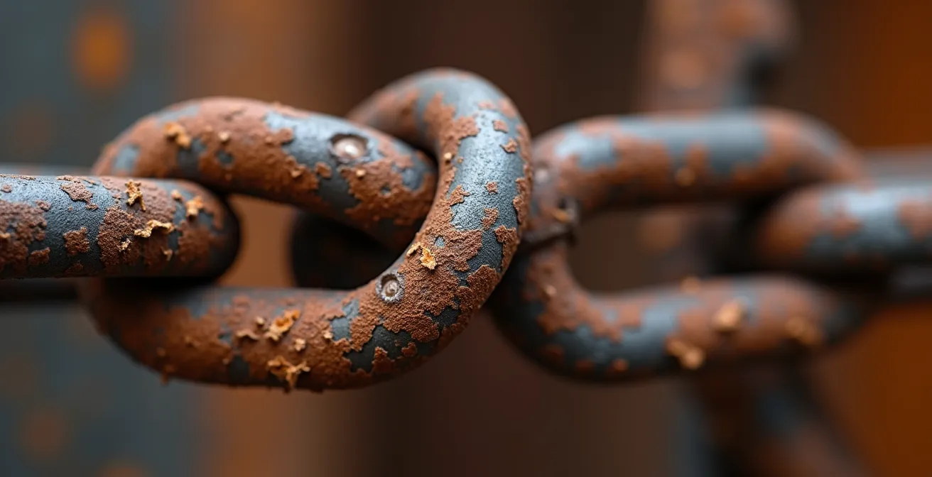 Makroaufnahme von Rost und Verschleiß an industriellen Verbindungselementen als Metapher für veraltete Systeme